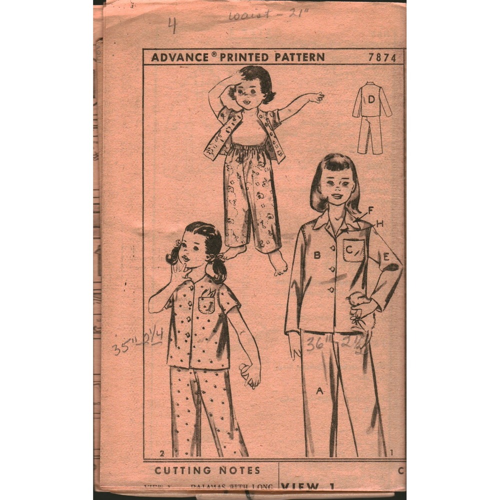 Vintage Advance 7874 Kids Pajamas Sewing Pattern‎ Size 4 Boys Girls Sleepwear